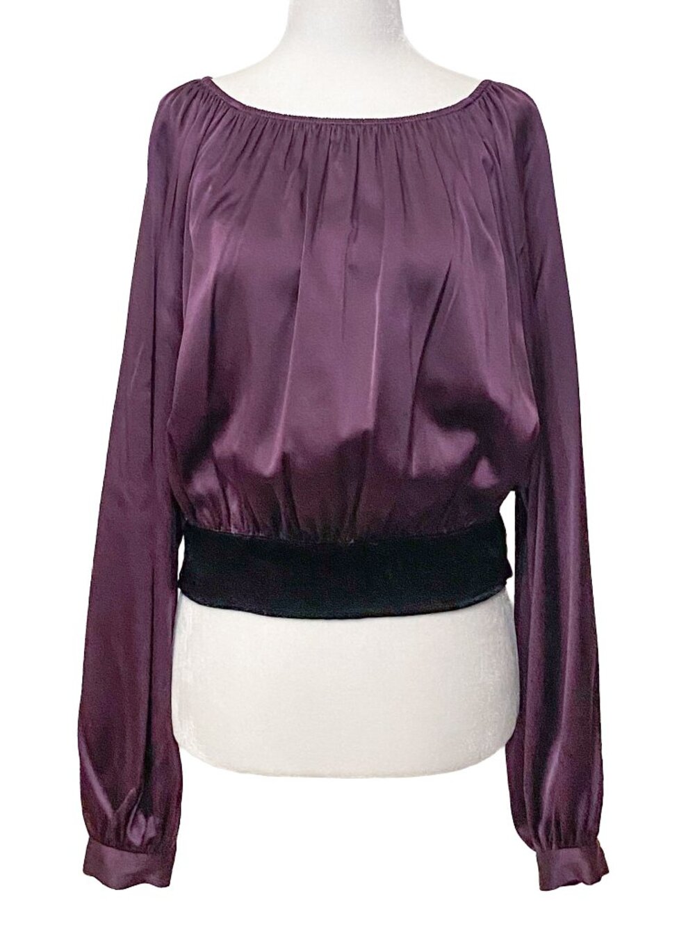 RAMY BROOK Silk Blend Plum Off The Shoulder Blouse Velvet Tie Waist M
